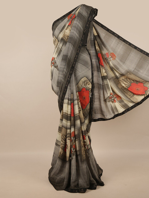 

Pothys Grey & Blue Floral Beads and Stones Saree