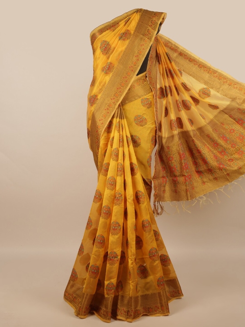 

Pothys Mustard & Gold-Toned Floral Zari Jute Silk Saree