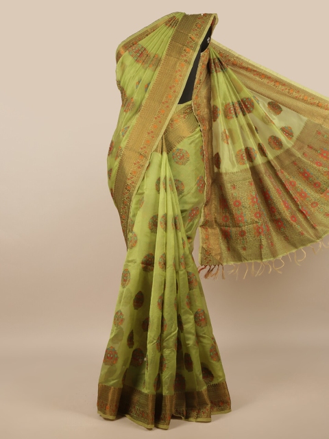 

Pothys Green & Gold-Toned Ethnic Motifs Zari Jute Silk Saree