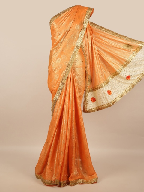 

Pothys Orange & Gold-Toned Floral Beads and Stones Saree