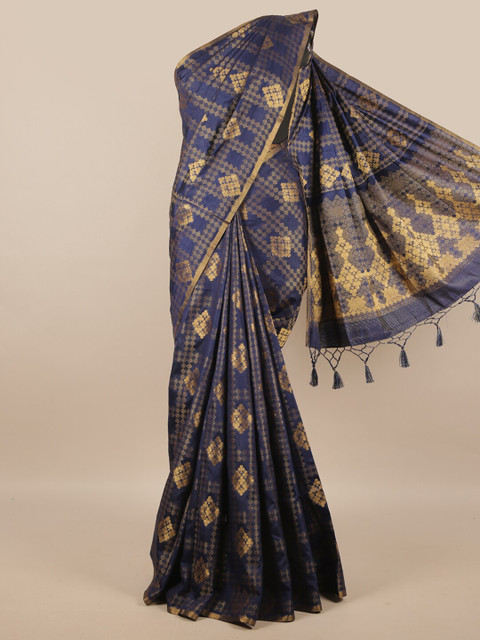 

Pothys Navy Blue & Gold-Toned Ethnic Motifs Zari Jute Silk Saree
