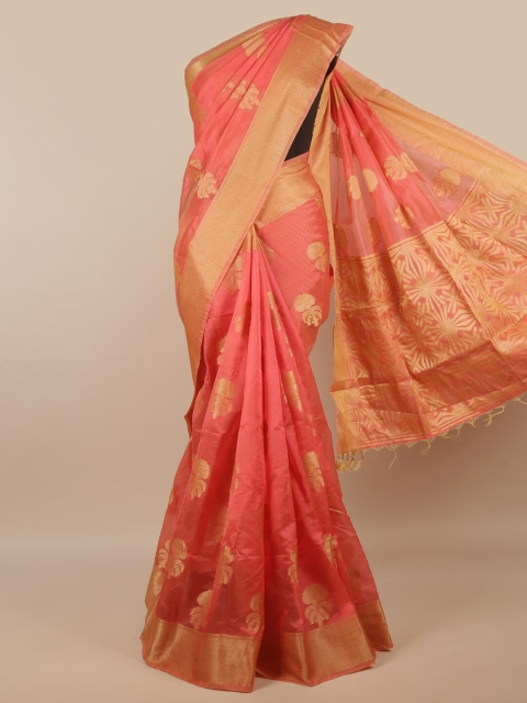 

Pothys Pink & Gold-Toned Floral Zari Jute Silk Saree