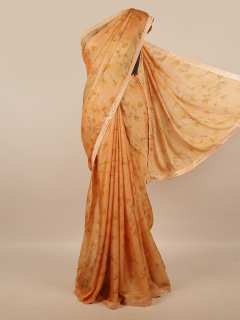 

Pothys Peach-Coloured & Gold-Toned Floral Beads and Stones Saree