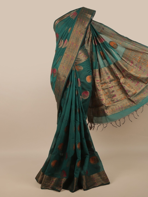 

Pothys Green & Gold-Toned Ethnic Motifs Zari Jute Silk Saree