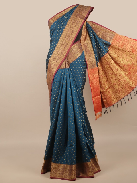 

Pothys Blue & Orange Ethnic Motifs Zari Jute Silk Saree