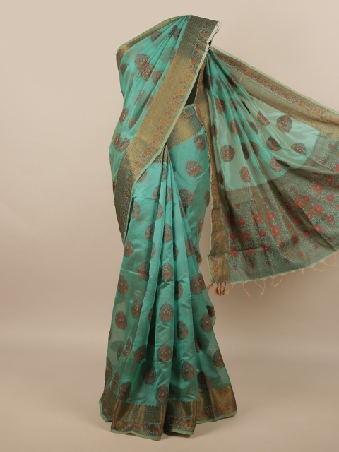 

Pothys Teal & Gold-Toned Woven Design Zari Jute Silk Saree