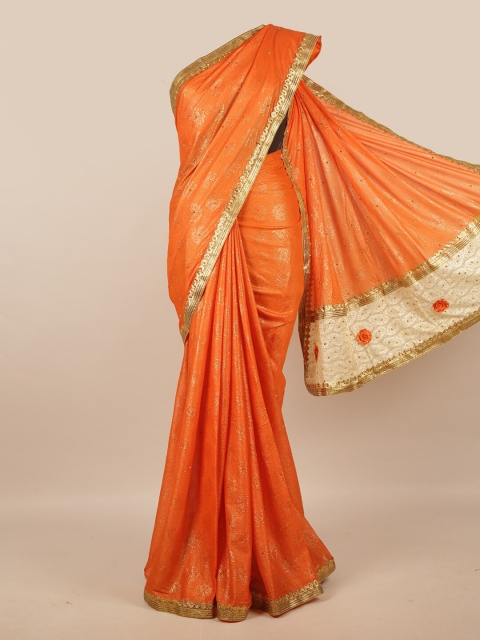 

Pothys Orange & Gold Embellished Beads and Stones Saree