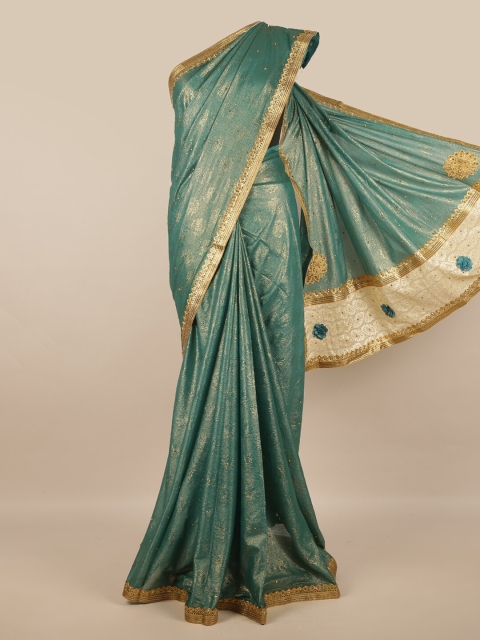 

Pothys Green & Gold-Toned Floral Beads and Stones Saree