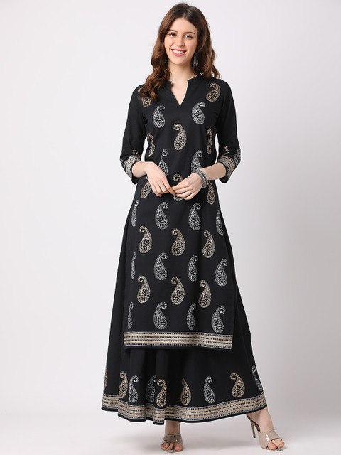 

THE NKS PLUS Women Black Embroidered Angrakha Pure Cotton Kurti with Skirt