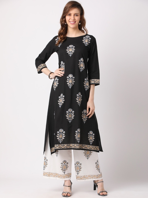 

THE NKS PLUS Women Black Floral Printed Pure Cotton Kurta with Palazzos