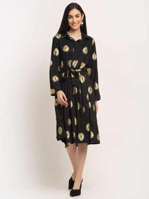 

Aawari Black & Gold-Toned Ethnic Motifs Shirt Dress