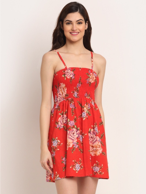 

Aawari Red Floral Print Empire Longline Top