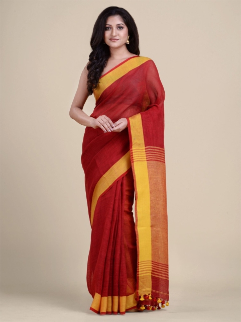 

Charukriti Red & Yellow Zari Pure Linen Saree
