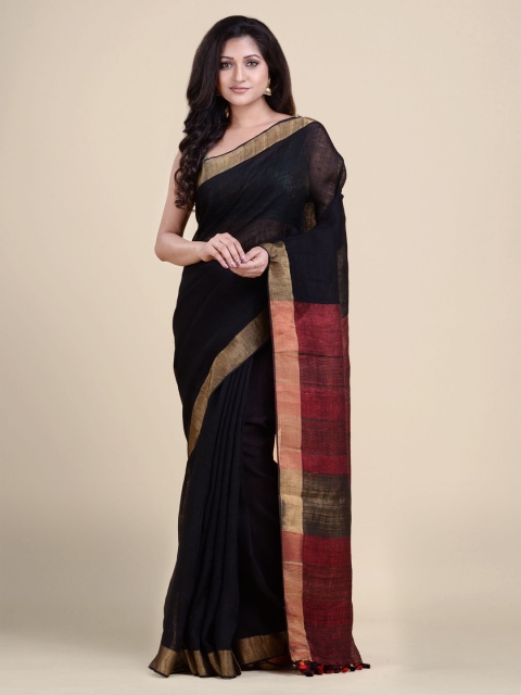 

Charukriti Black & Gold-Toned Zari Pure Linen Saree