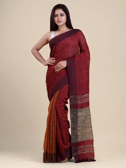 

Charukriti Red & Tan Pure Linen Saree