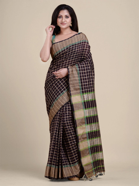 

Charukriti Brown & Gold-Toned Checked Zari Pure Cotton Saree
