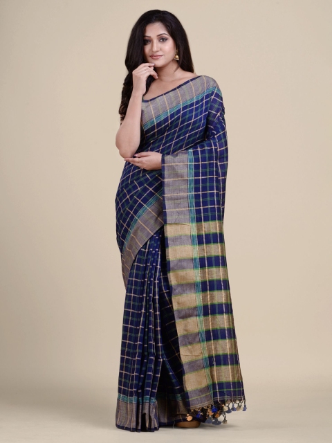 

Charukriti Navy Blue & Gold-Toned Checked Zari Pure Cotton Saree