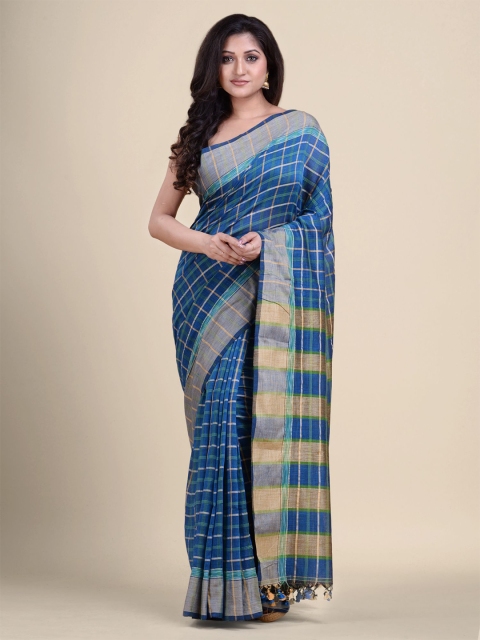 

Charukriti Blue & Beige Checked Pure Cotton Saree