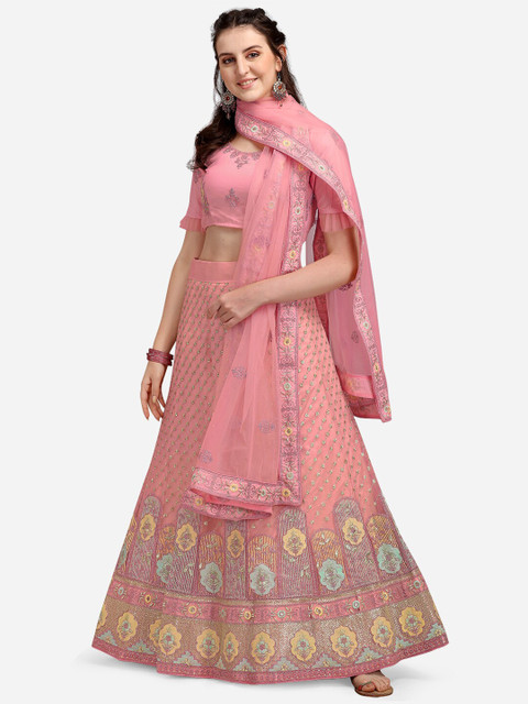 

V SALES Pink Embroidered Semi-Stitched Lehenga Choli With Dupatta