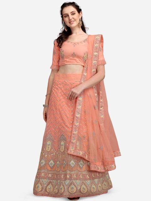 

V SALES Peach-Coloured Embroidered Semi-Stitched Lehenga & Unstitched Blouse With Dupatta