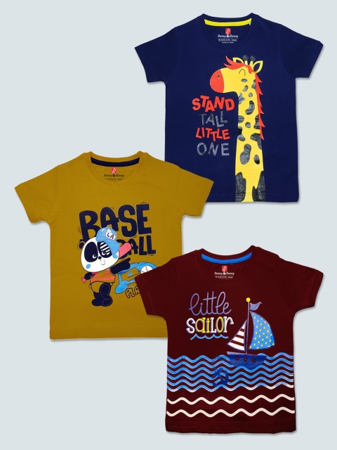 

Benny n Bunny Boys Multicoloured Typography 3 Printed Pure Cotton Applique T-shirt, Multi