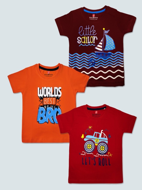 

Benny n Bunny Boys Maroon & Orange Set Of 3 Printed Pure Cotton T-shirts