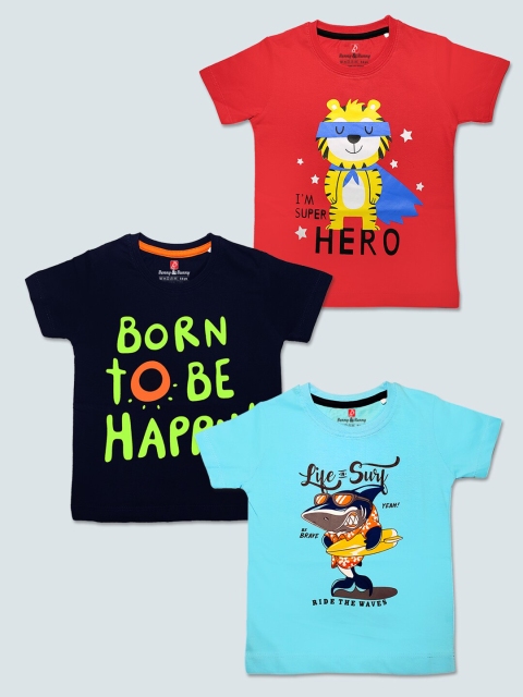 

Benny n Bunny Boys Multicoloured Typography 3 Printed Pure Cotton Applique T-shirt, Multi