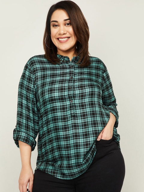 

nexus Green Checked Roll-Up Sleeves Shirt Style Top