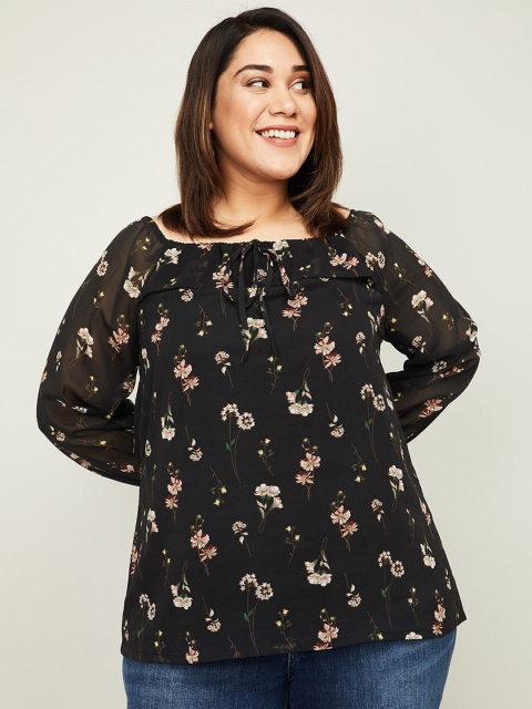 

nexus Black Floral Print Tie-Up Neck Top