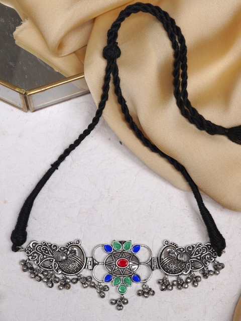 

TEEJH Silver-Toned & Blue Brass Silver-Plated Oxidised Necklace
