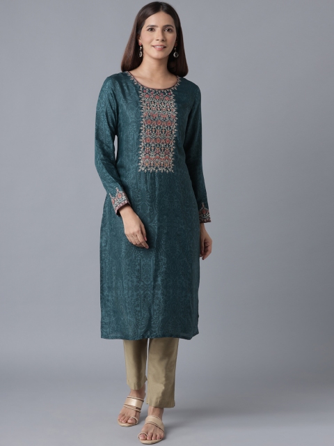 

WISHFUL Women Teal Green Ethnic Motifs Embroidered Straight Kurta