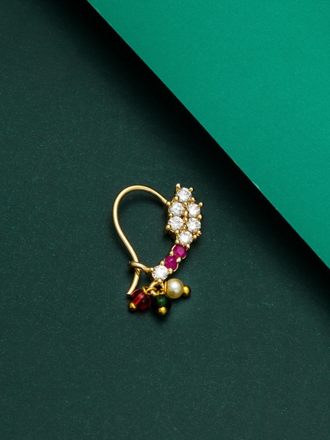 

aadita Gold-Toned & Plated Ruby & Pearl Meenakari Marathi Nosepin