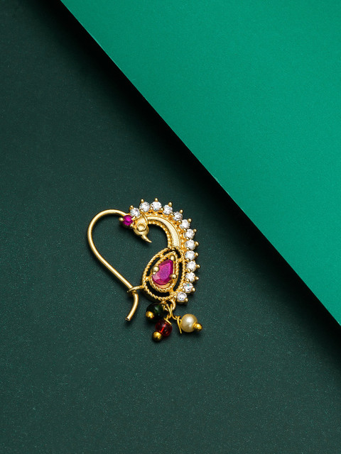 

aadita Woman Gold Toned Ruby and Pearl Marathi Nosepin
