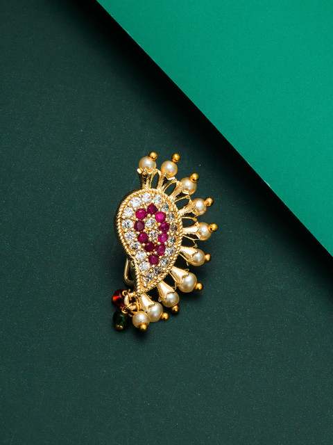 

aadita Gold-Toned AD & Ruby Studded Marathi Nosepin
