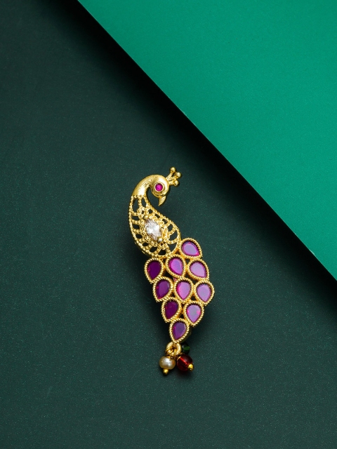 

aadita Women Gold-Toned & Red Ruby and Pearl Studded Peacock Shaped Meenakari Nosepin