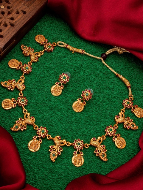 

aadita Women Gold-Toned Peacock Temple Choker Jewellery Set