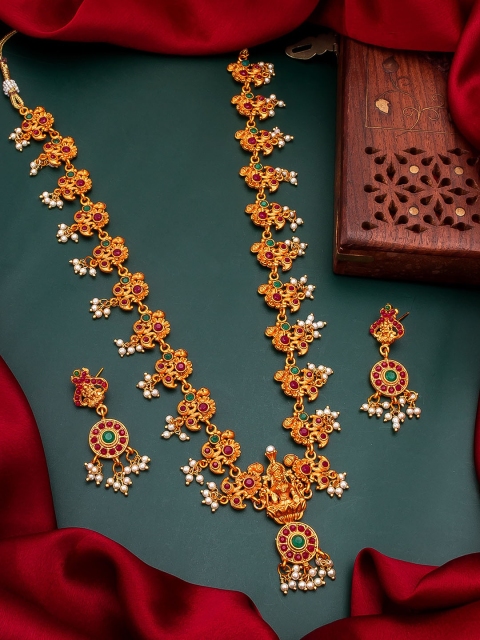 

aadita Gold-Plated Red & Green Pearl Beaded & Stone-Studded Jewellery Set