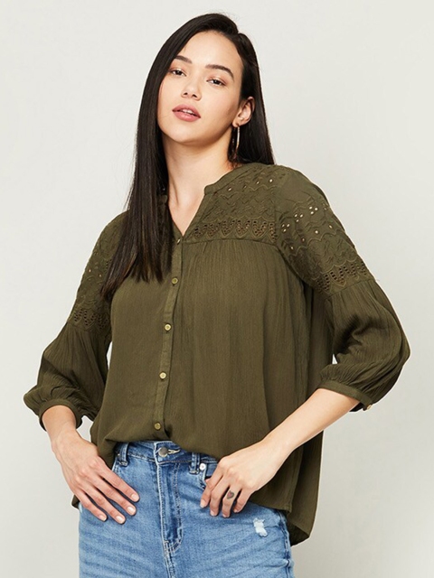 

Fame Forever by Lifestyle Olive Green Mandarin Collar Shirt Style Top