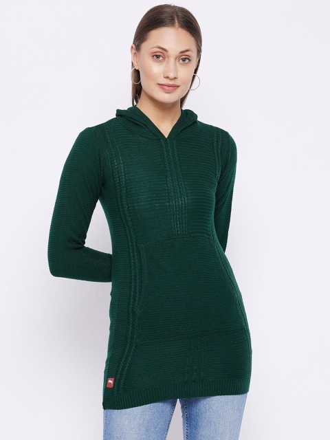 

JUMP USA Women Green Hooded Acrylic Longline Pullover