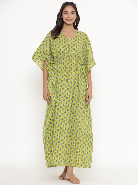 

JISORA Green Printed Maxi Kaftan Nightdress