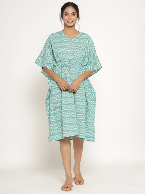 

JISORA Blue Printed Pure Cotton Kaftan Midi Nightdress