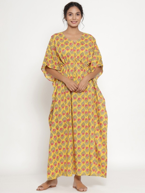 

JISORA Yellow Printed Maxi Nightdress
