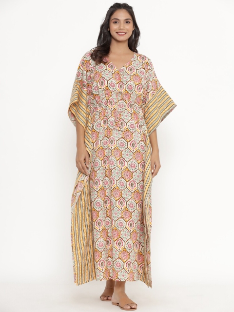 

JISORA White Printed Pure Cotton Kaftan Maxi Nightdress