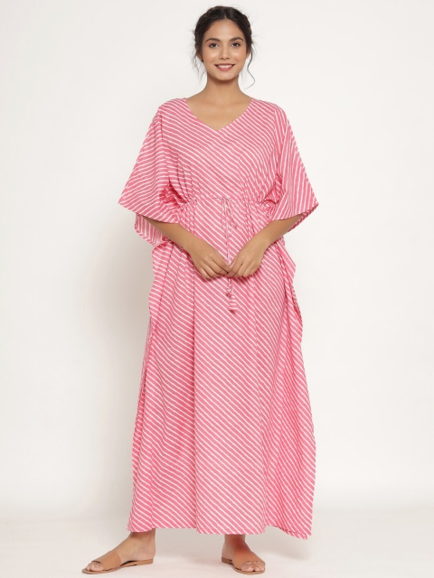 

JISORA Pink Printed Pure Cotton Maxi Nightdress