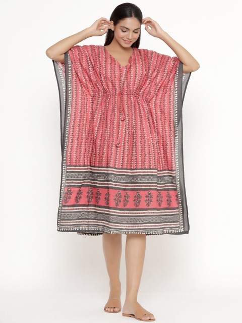 

JISORA Red Printed Night Short Pure Cotton Kaftan Nightdress