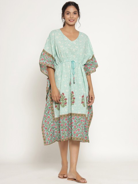 

JISORA Sea Green Pure Cotton Printed Kaftan Midi Nightdress