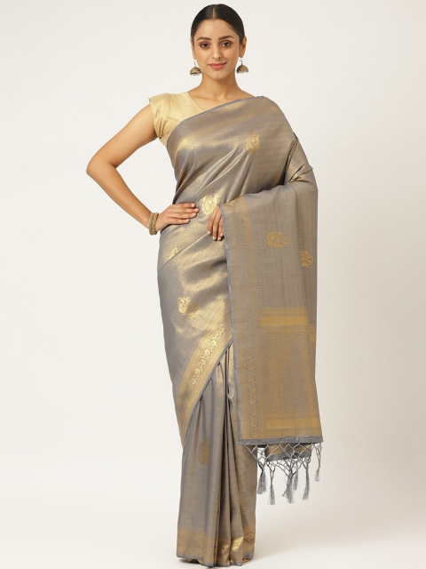 

KARAGIRI Grey & Gold-Toned Ethnic Motifs Silk Blend Kanjeevaram Saree