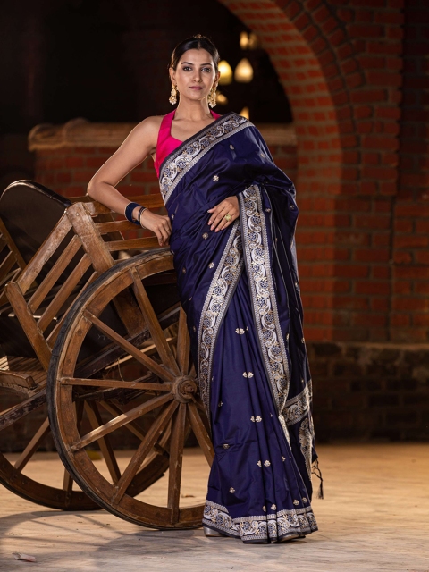 

KARAGIRI Blue & Grey Floral Zari Silk Blend Banarasi Saree