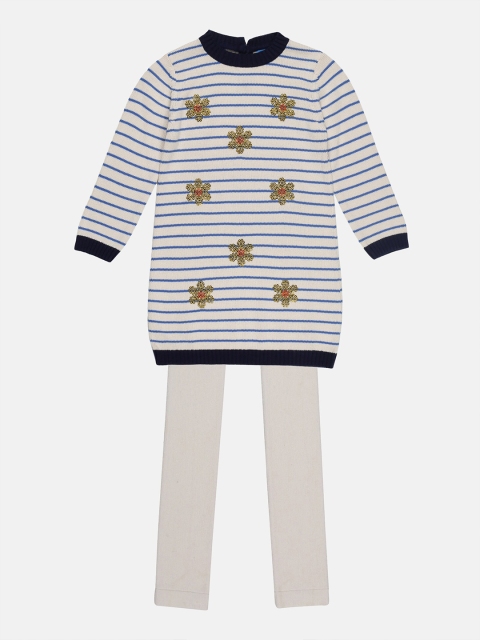 

DAiSY Girls White & Blue Striped Pure Cotton T-shirt with Leggings
