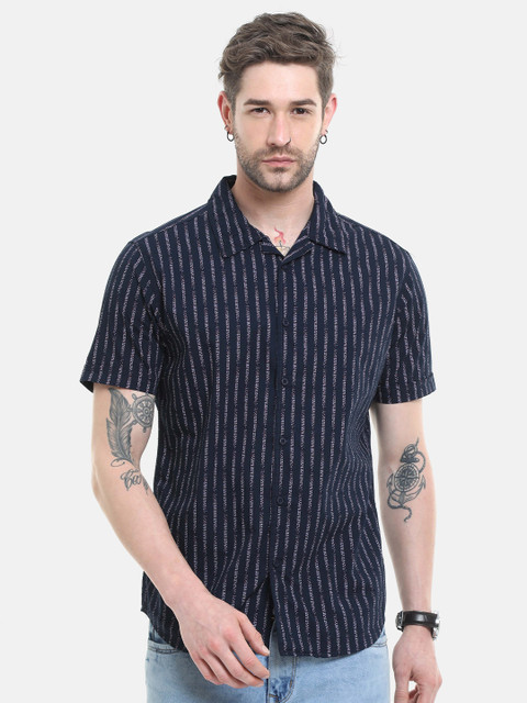 

HERE&NOW Men Navy Blue Slim Fit Striped Casual Shirt